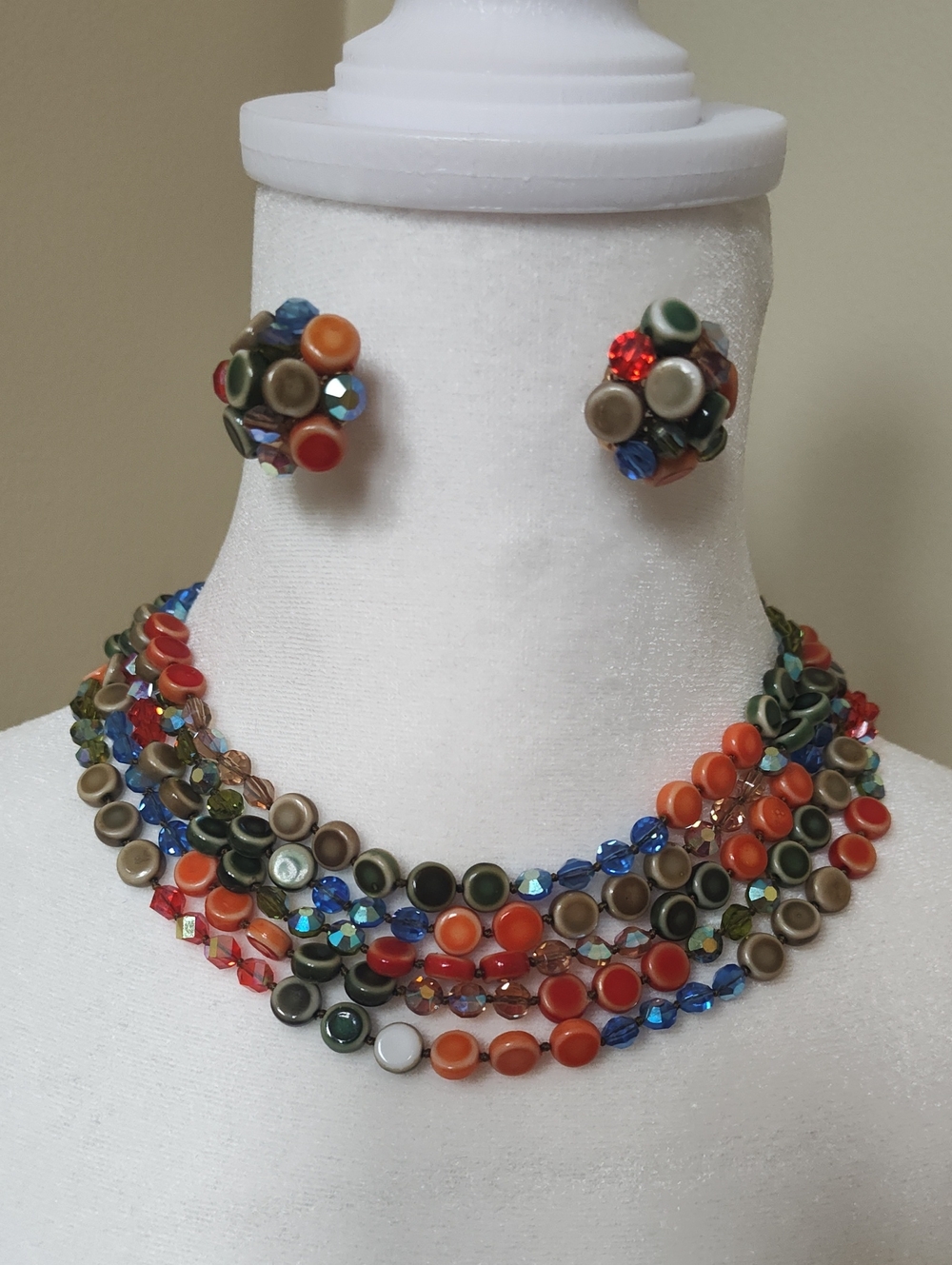 Multi-Color Beaded Statement Necklace and Earring Set - Orange, Blue & Green